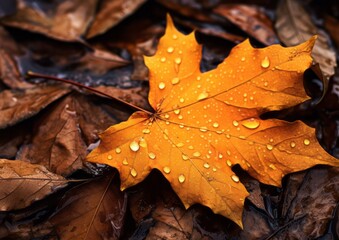 Close up of fallen leaves on ground in autumn covered in raindrops. Red yellow mapple leaf white isolated