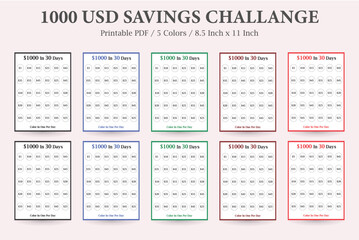 Money Saving Challenge,30-Day Savings Challenge,Money Saving Planner,Financial Savings Goal,1-Month Savings Plan,1000 Dollar Savings Tracker