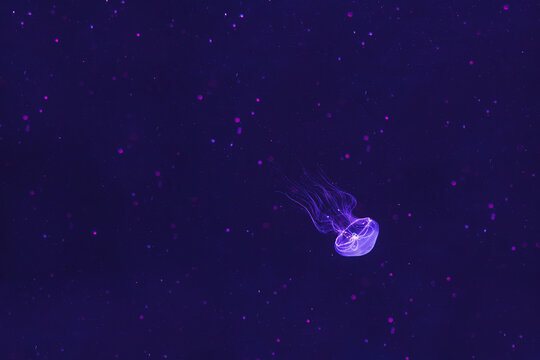 Illuminated jellyfish Eirene lactoides moving through the water. Isolated on dark background