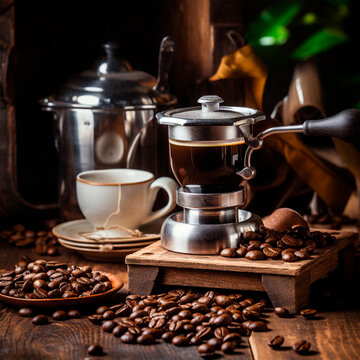Photo of coffee machine on the table, coffee