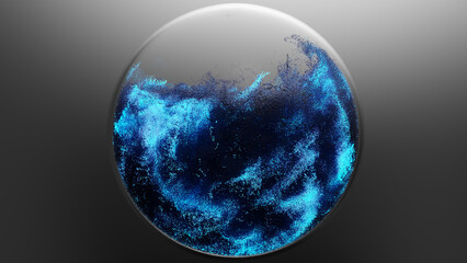 Abstract liquid transparent bubbles, Realistic Water Drops splashing in a sphere, surreal ball or sphere, motion turbulence, particles flow, magical Bright blue glowing atoms, 3d render
