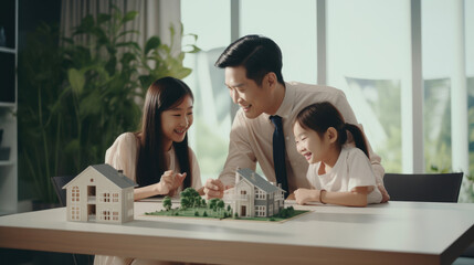 Happy family meeting with a real estate agent to discuss buying their dream home.