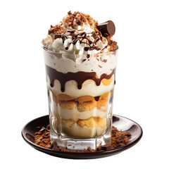 Front view close up of Tiramisu milkshake with ingredients kept on the side isolated on a white transparent background