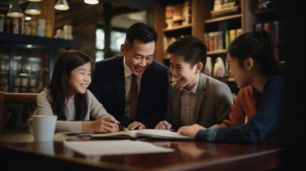 A joyful family meeting with an education consultant for personalized tutoring options.