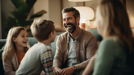 A joyful family meeting with a therapist for emotional support and guidance.