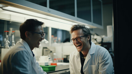 A scientist and lab technician sharing a joke during a research collaboration. - obrazy, fototapety, plakaty
