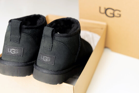 Fashionable modern short UGG boots made of sheep fur for the winter.
