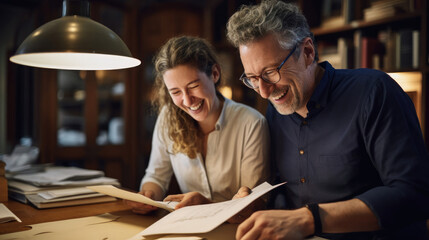 A writer and editor smiling together as they refine a manuscript.
