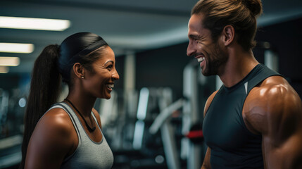 Fototapeta na wymiar A fitness trainer and client sharing a positive moment during a workout session.