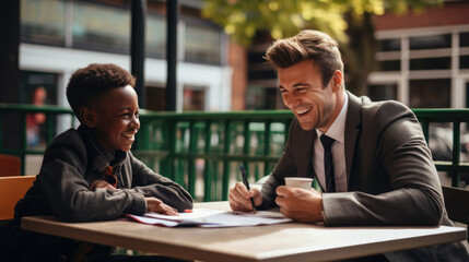 A teacher and student exchanging warm smiles during a one-on-one tutoring session.