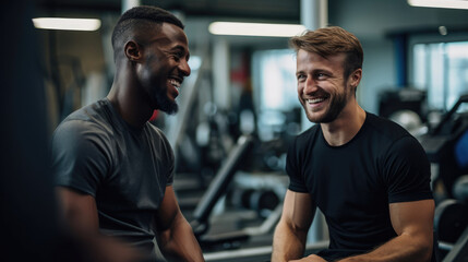 A fitness enthusiast meeting with a personal trainer both smiling as they plan tailored workouts. - obrazy, fototapety, plakaty