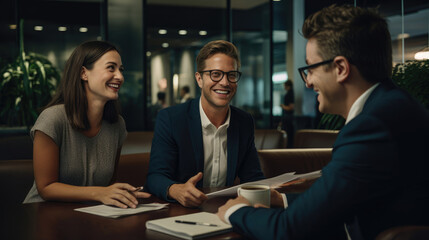 A start-up team strategizing with a financial analyst all smiles as they plan for growth.