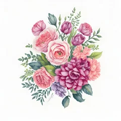 Stof per meter Hand drawn watercolor floral bouquet with dahlias, peony, anemone, hydrangea and leaves isolated on white background © anamulhaqueanik