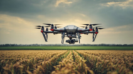 Drone quadcopter with digital camera flying over agricultural field. Technology concept.