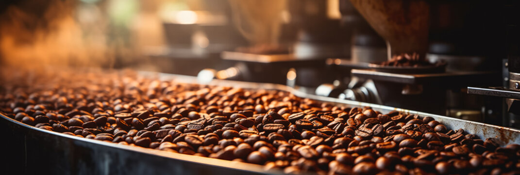 Coffee roasting process in an industrial machine background with empty space for text 