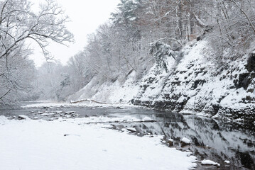 Fototapeta na wymiar View at the Etobicoke creek in winter, near Toronto, Canada