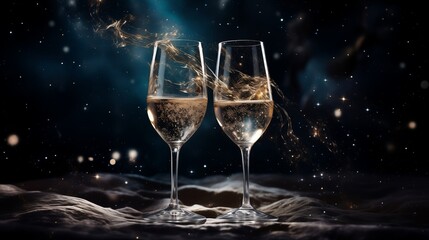 Wine glasses champagne toast with space galaxy background, amazing night starry background, dark turquoise and light gold, swirling vortexes - obrazy, fototapety, plakaty