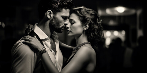 Argentine Tango pair, black and white, interlocked gaze, close embrace, polished dance floor reflection, old - school Buenos Aires club setting