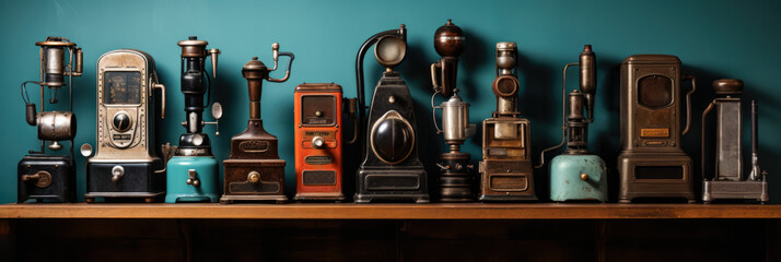 Collection of vintage coffee machines showcasing evolution of coffee making  - obrazy, fototapety, plakaty