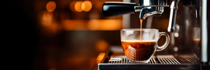 Foto op Plexiglas Espresso streaming from coffee machine background with empty space for text  © fotogurmespb