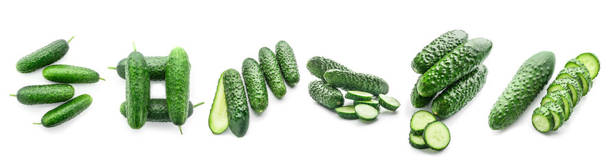 Set of many cucumbers isolated on white