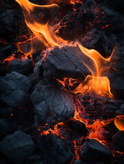 Charcoal and fire, hyper - realistic, close - up macro shot, glowing embers surrounded by ashen coals