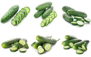 Set of many green cucumbers isolated on white