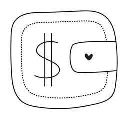 Money wallet black line doodle, cute vector monochrome illustraion of purse