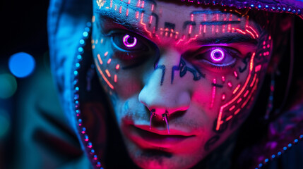 Cyberpunk - themed close - up, glowing neon tattoos on the face, reflective cybernetic eye
