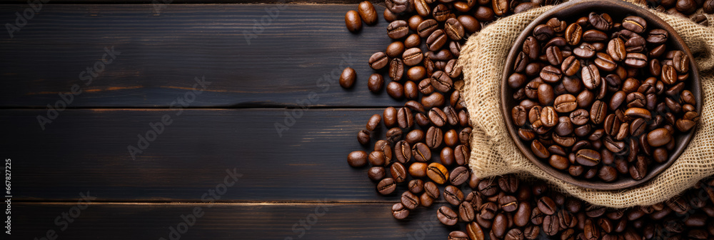 Aufkleber single-origin coffee beans in burlap bag background with empty space for text