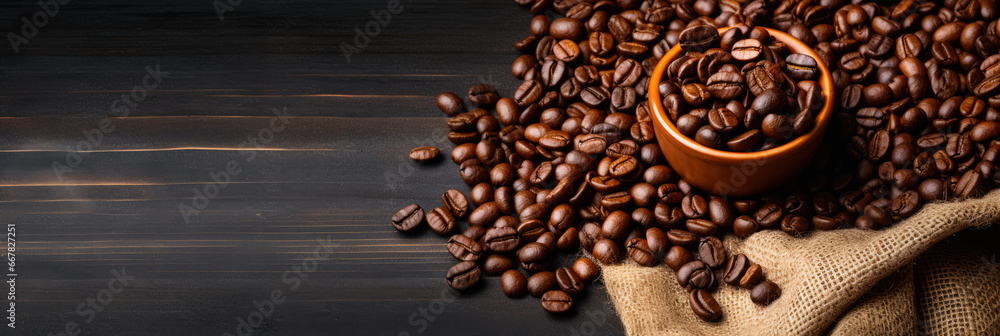 Aufkleber single-origin coffee beans in burlap bag background with empty space for text