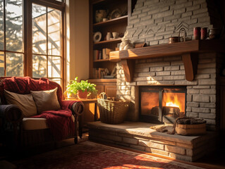 Fireplace in a cozy living room, soft, ambient, warm light casting long shadows, vintage