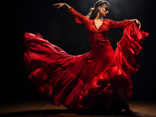 Flamenco dancer, red flowing dress, intense emotion, wooden stage, foot - stomping action, castanets in hand, warm spotlight