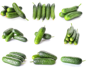 Set of many green cucumbers on white background