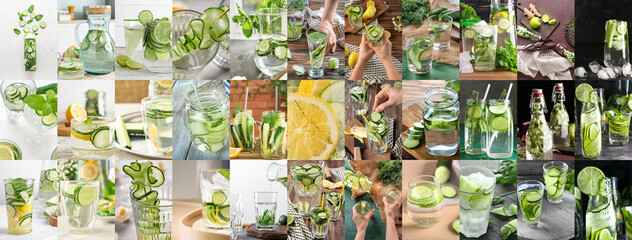 Big collage with fresh cucumber infused water