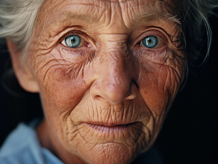 portrait, elderly woman with wrinkles, vivid blue eyes, natural light, fine details in every wrinkle and pore