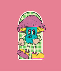 Mushroom character. Retro cartoon character. Mushroom sticker. Hippie patch badge. Vintage animation art. Groovy doodle. Vintage cartoon. 60s and 70s nostalgia.