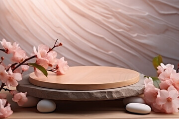 Circular wooden empty podium for presentation or advertising, Background with blurred flowers and scattered petals space, Concept of scene stage for natural products or promotion sale