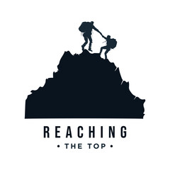 Silhouette logo of together reaching the top of mountain peak. Teamwork achievement vector concept