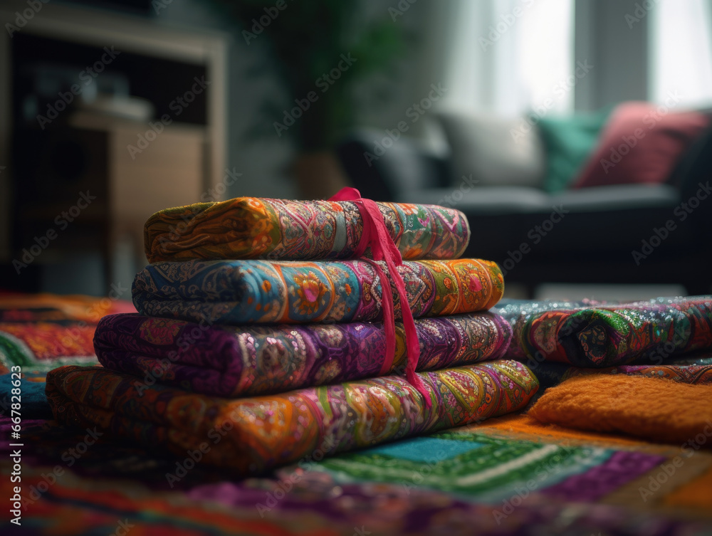Poster stack of colorful blankets on a bed.