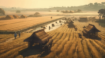 Scene of a rice field with huts in the background.