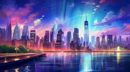 New York cityscape vector illustration. Vector night city illustration with neon glow and vivid colors. US America city buildings or skyscraper architecture with illumination
