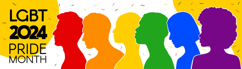 LGBT long banner. Silhouettes of diverse people are painted in the colors of the rainbow. Pride Month 2024. A place for text. Vector flat illustration..