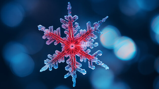 Microscopic image of a red and blue snowflake on a clean background