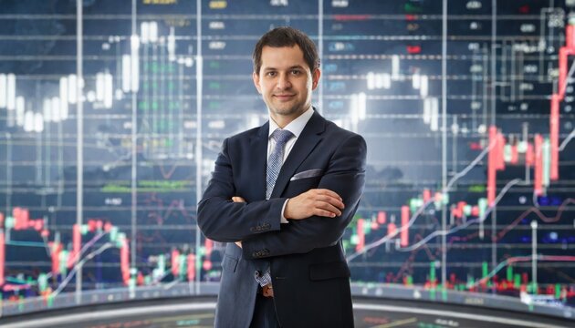 A man in a suit stands in front of a display of stock charts and graphs