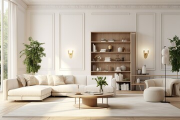 An empty living room with stylish furniture and beautiful decor, 3D rendering, illustration. Generative AI