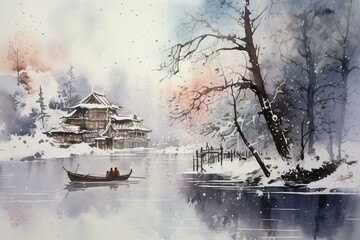 Winter scene with gondola, a watercolor painting. Generative AI