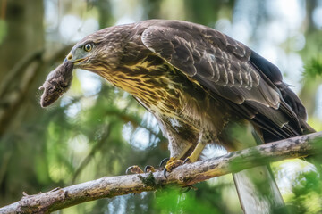 Mäusebussard mit gefangener Maus im Schnabel