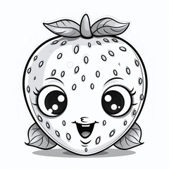 Obraz premium Cartoon strawberry in black and white, smiling at everyone, cheerful illustration, sticker, coloring book