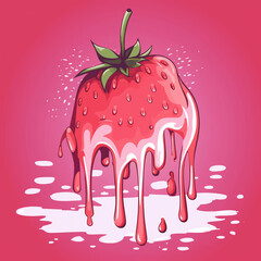Strawberries with cream, drops of cream flowing down, illustration on pink background